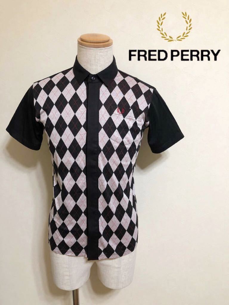【美品】 FRED PERRY フレッドペリー アーガイル柄 シャツ トップス サイズM 半袖 日本製 ヒットユニオン F1151 黒 白 赤_画像1