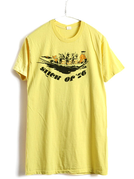 70s ビンテージ USA製 ■ 染込み ビッグ イラスト プリント 半袖 Tシャツ ( メンズ レディース 小さめ XL ) 70年代 古着 半袖Tシャツ 黄色