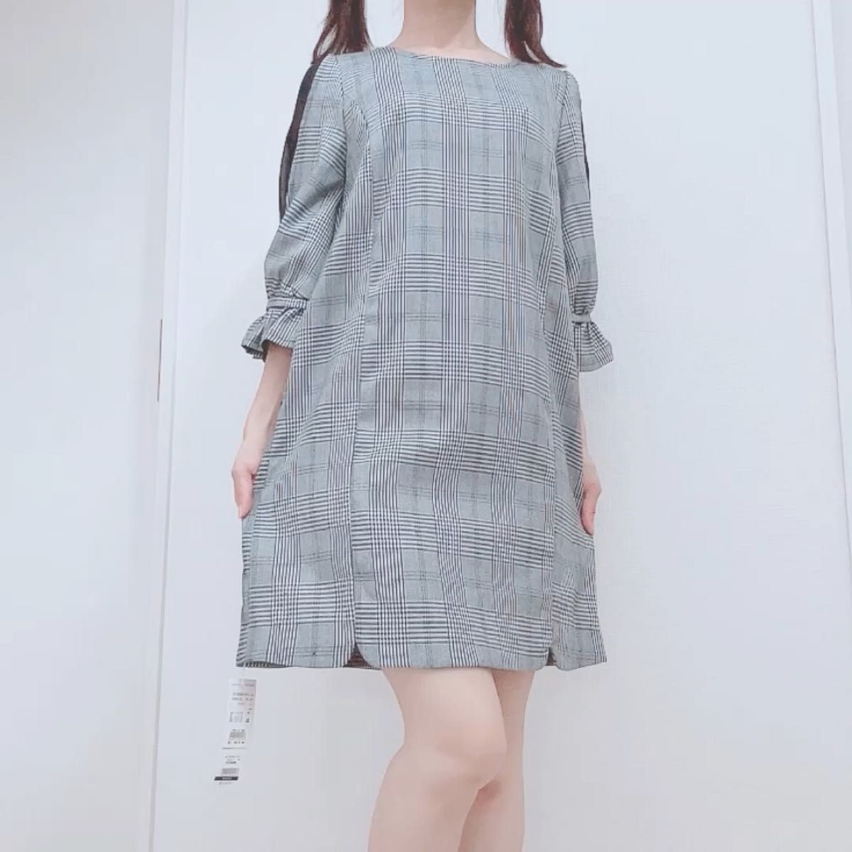 【新品】アラマンダ 袖異素材使いサックワンピース グレンチェック 38 定価6,490円