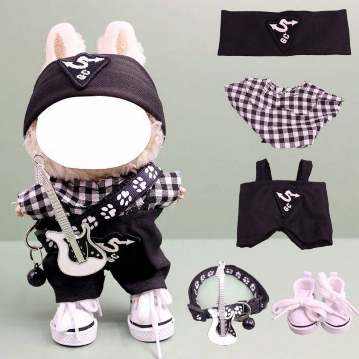 ラブブ labubu ぬいぐるみ服着せ替え服 5点セット ブラックコーデかこいい ラブブ labubu ぬいぐるみ服着せ替え服 かっこいい 5点セット