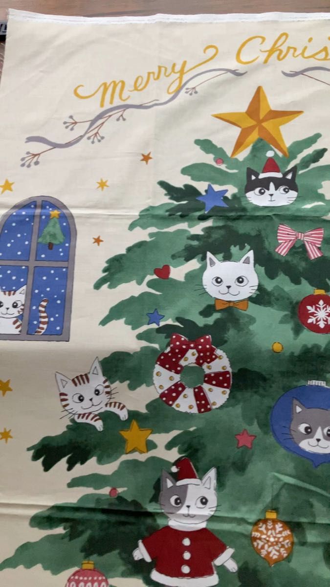 No.476【パネル生地】 ネコ クリスマスツリー タペストリー 猫 モミの木 生地 布 シーチング 約 縦108cm 横60cm