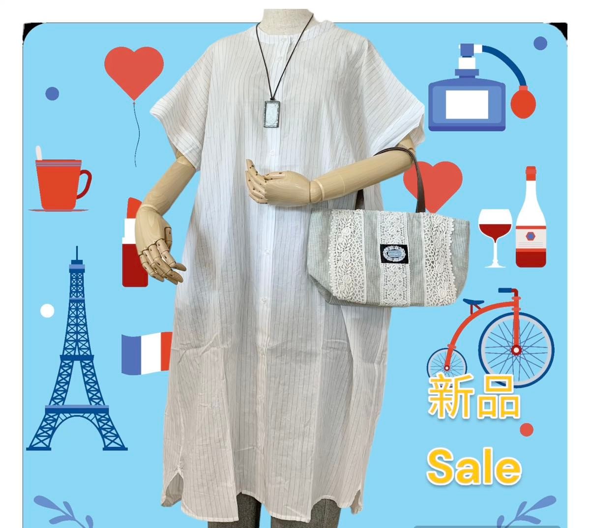 新品 限定2枚 激安 ロング ワンピース 前開き シャツワンピース 半袖 ピンストライプ ホワイト ゆったり 夏ワンピース