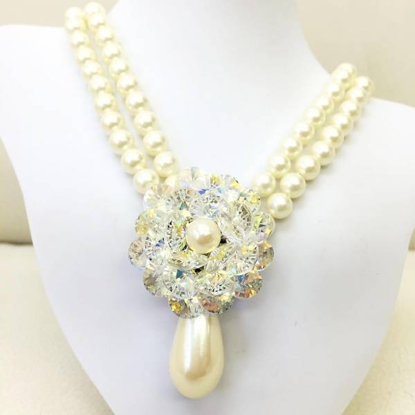 【ネックレス】クリスタルのように輝く花 二連 パールのような上品な色合い 華やか ゴージャス