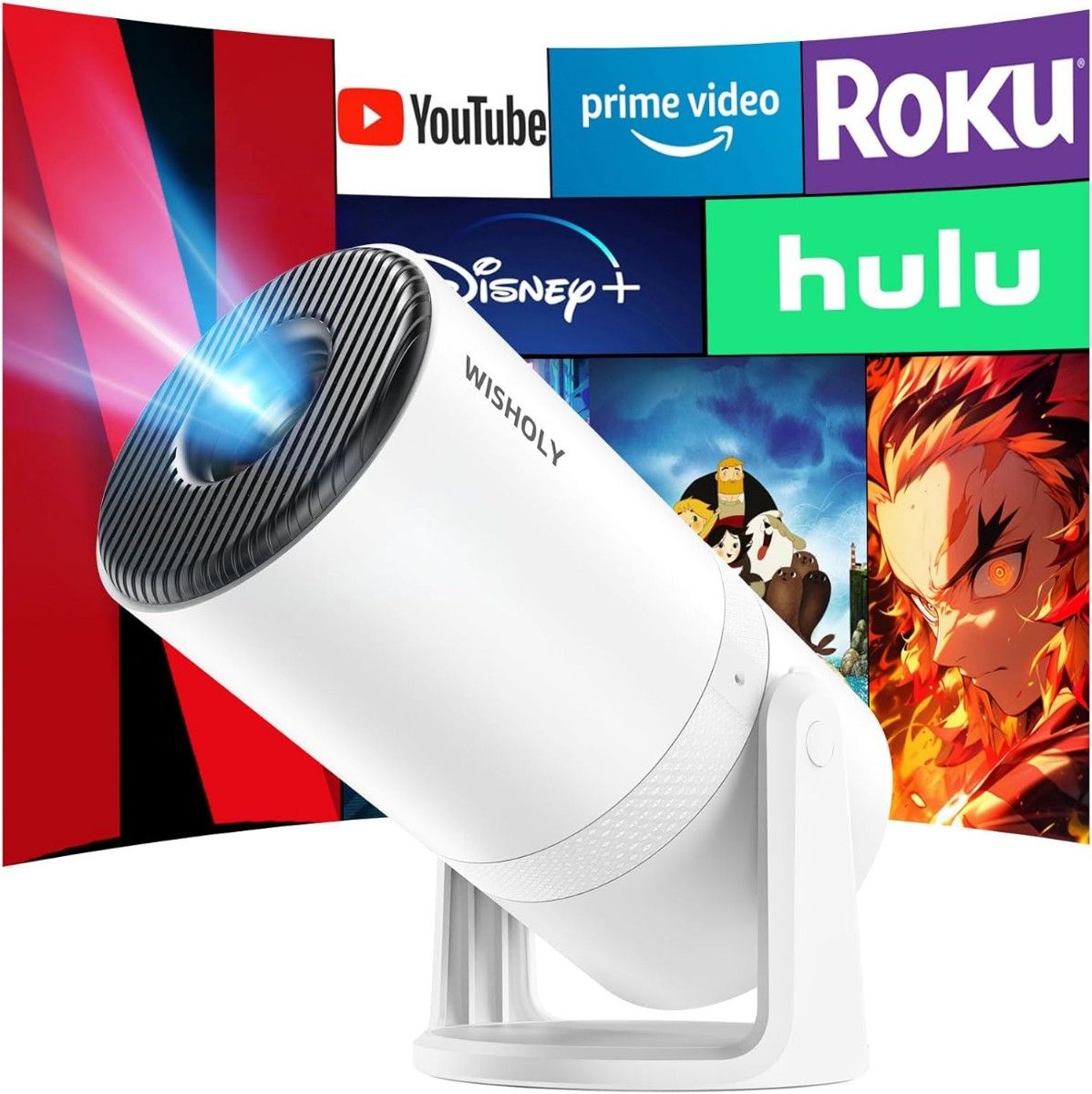 プロジェクター 270°回転 Android TV搭載 1080P ホワイト WISHOLY プロジェクター 2025年最新 Android TV搭載 270°回転