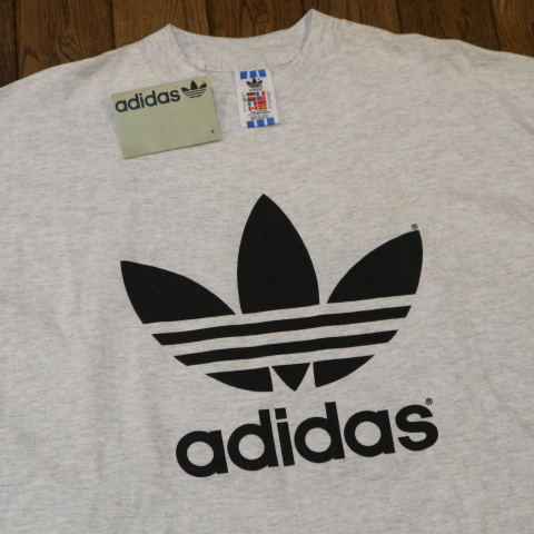 新品 90s USA製 adidas Tシャツ XL グレー トレフォイル ビッグロゴ 両面プリント 半袖 アディダス