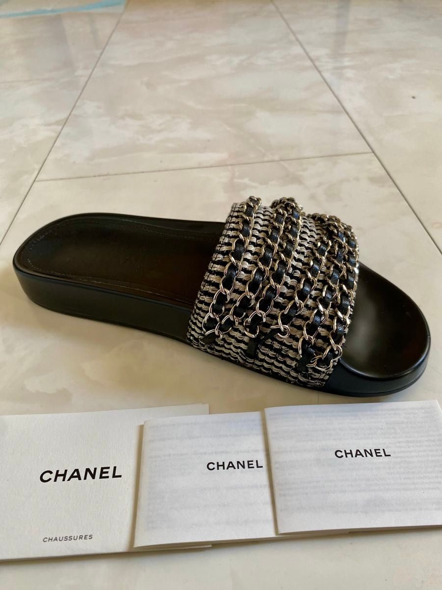 【太めのチェーンがゴージャス☆】CHANEL フラットミュール 美品 シャネル ツイード チェーン フラット サンダル ミュール