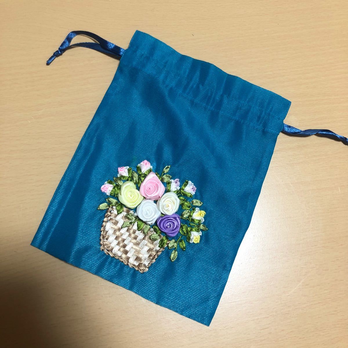 巾着 刺繍 青 ブルー 花 ポーチ シースルー