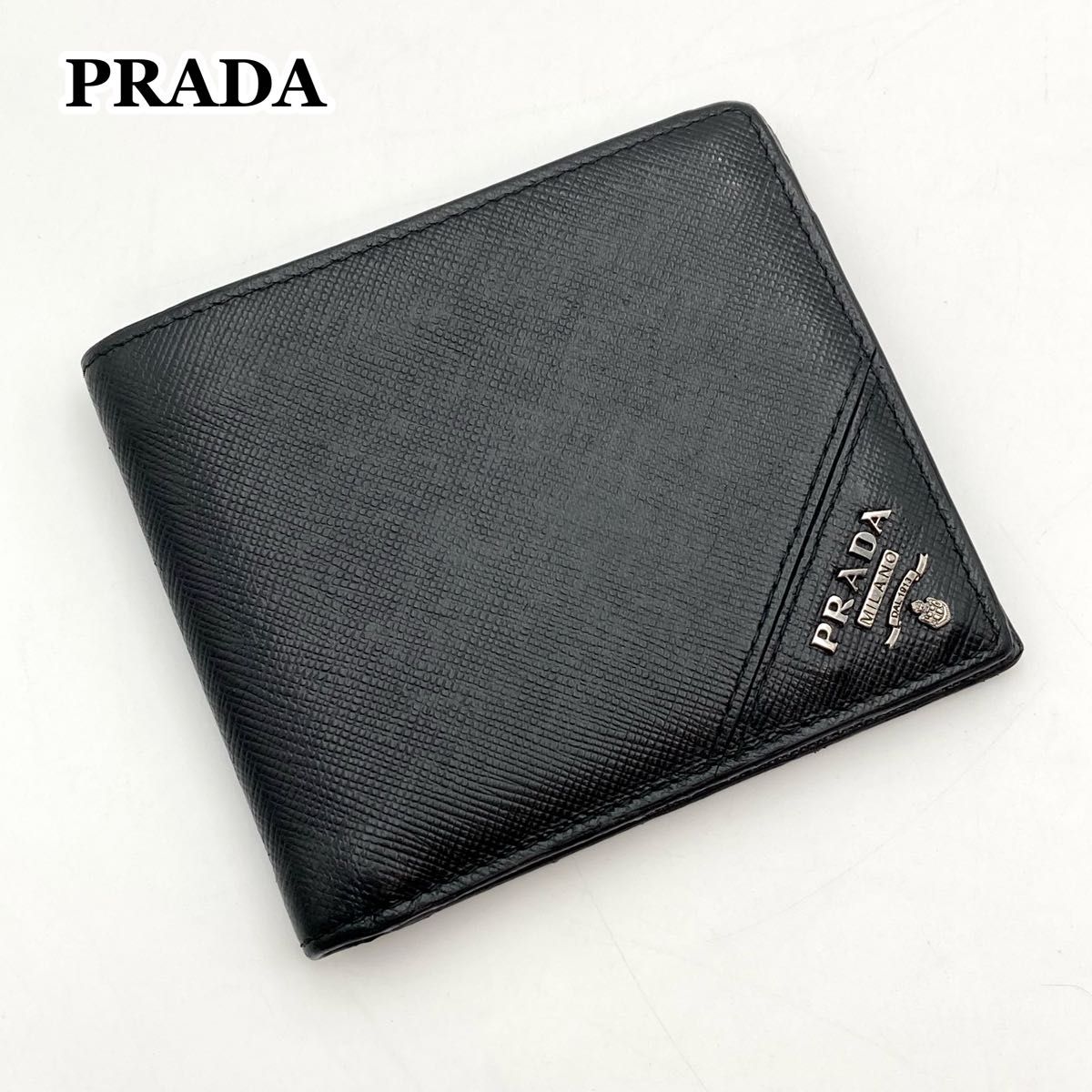 国内直営**PRADA** レザー二つ折り 財布 コンパクトウォレット 金運UP【美品】PRADA プラダ 二つ折り財布 コンパクトウォレット