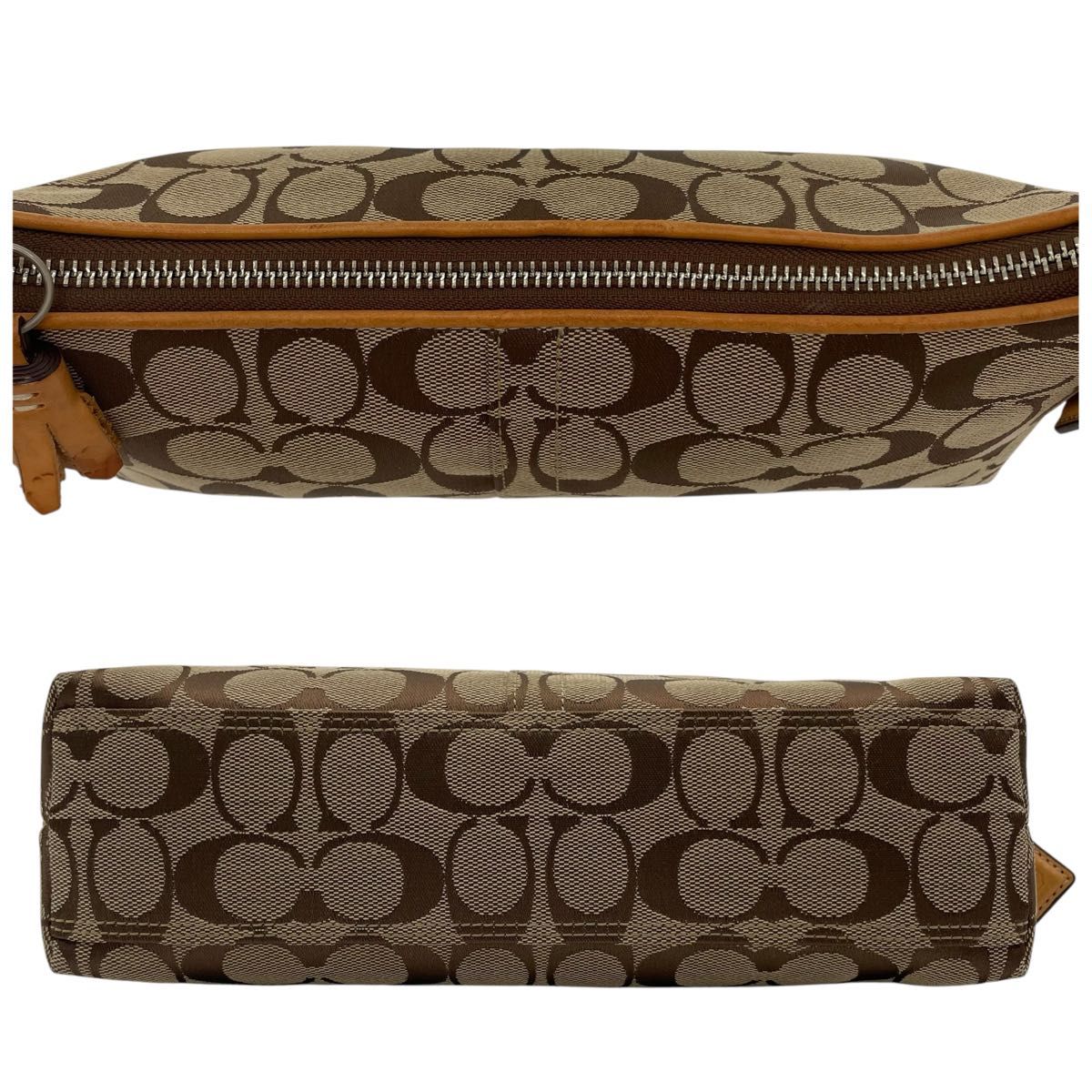 COACH シグネチャー キャンバスxレザー ハンドバッグ タッセル付 美品】COACH コーチ アクセサリーポーチ ハンドバッグ