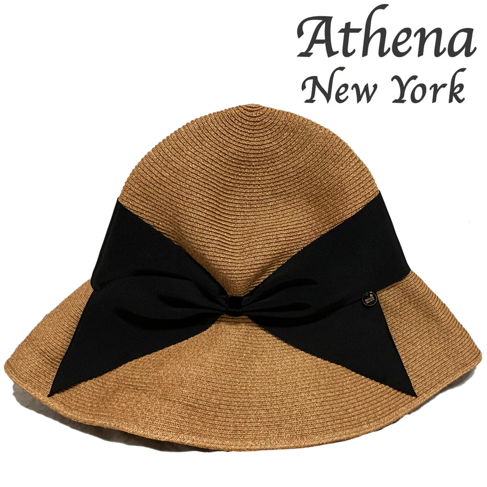 美品 アシーナニューヨーク ロゴチャーム付き リボン ストローハット 黒 ブラック Risako リサコ Athena New York 麦わら帽子  ファッション小物