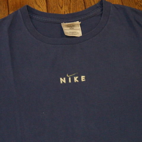 90s USA製 NIKE Tシャツ L ネイビー ロゴ ワンポイント スウォッシュ 刺繍 半袖 ナイキ オールド 古着