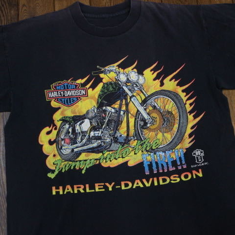 80s Harley Davidson Tシャツ ブラック ハーレーダビッドソン Jump Into The Fire ロゴ ファイヤー モーターサイクル ヴィンテージ_画像1