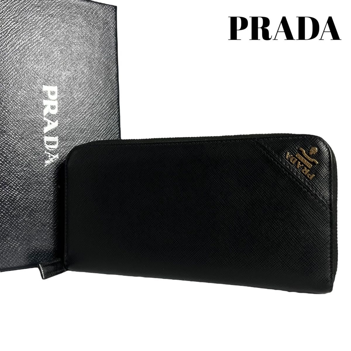 極美✨プラダ コインケース 金ロゴ ファスナー サフィアーノレザー ブラック 極美】PRADA プラダ 長財布 ラウンドファスナー コインケース