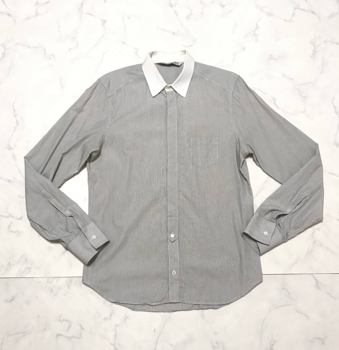 ★NEIL BARRETT ニールバレット★メンズ 襟切り替え ストライプ柄 長袖 シャツ ワイシャツ グレー系 size S サンフレール_画像3