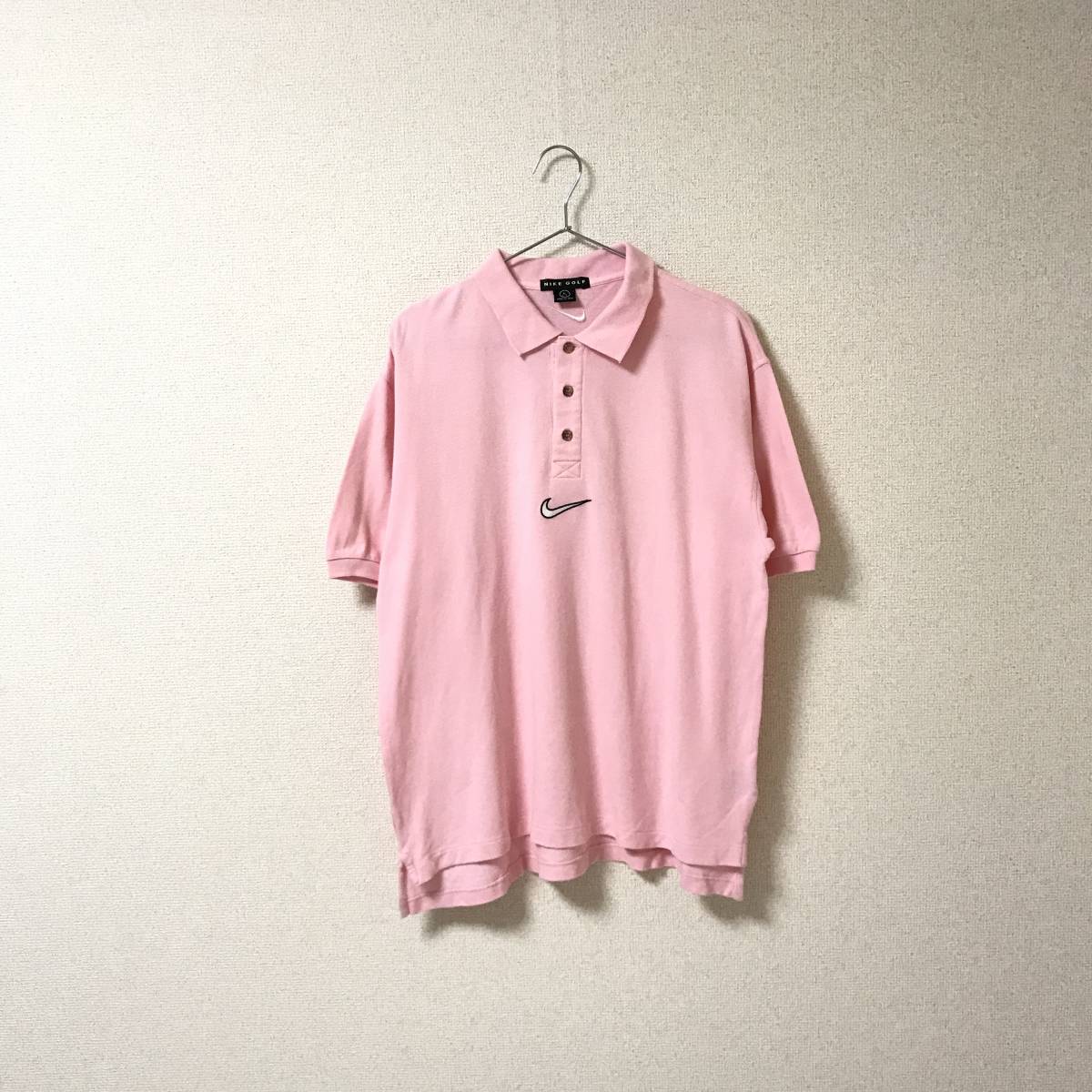 90s★NIKE GOLF ナイキ ゴルフ★メンズ 半袖 ポロシャツ ピンク ロゴ刺繍 size L