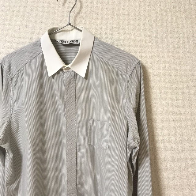 ★NEIL BARRETT ニールバレット★メンズ 襟切り替え ストライプ柄 長袖 シャツ ワイシャツ グレー系 size S サンフレール_画像7