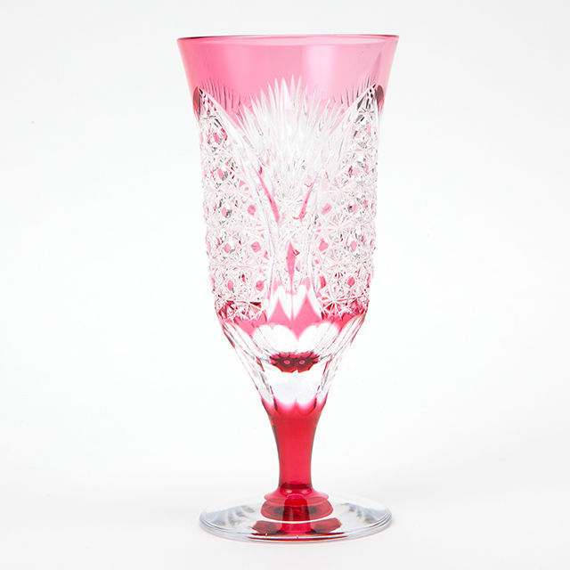 送料無料 江戸切子クリスタルガラスピルスナーグラス 金赤 ワイングラス 伝統工芸品 切子グラス（554）