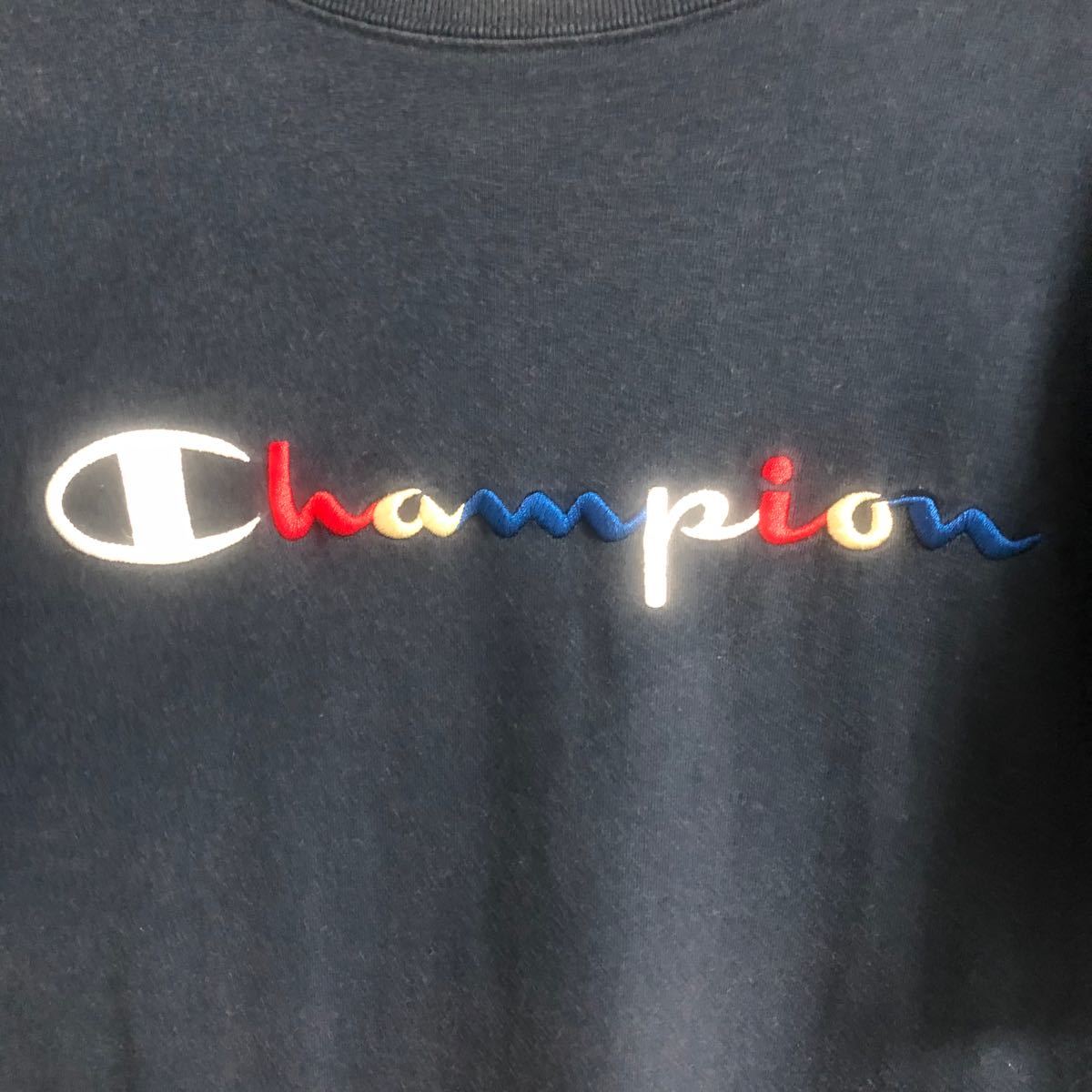 champion Tシャツ　半袖　メンズ　ネイビー　古着　カラフルロゴ　刺繍ロゴ