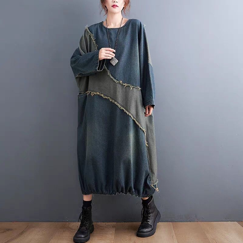 デニムワンピース シンプル ゆったり 体型カバー レトロ 大人 ロングワンピース デニム レトロ ワンピース おしゃれ 切り替え