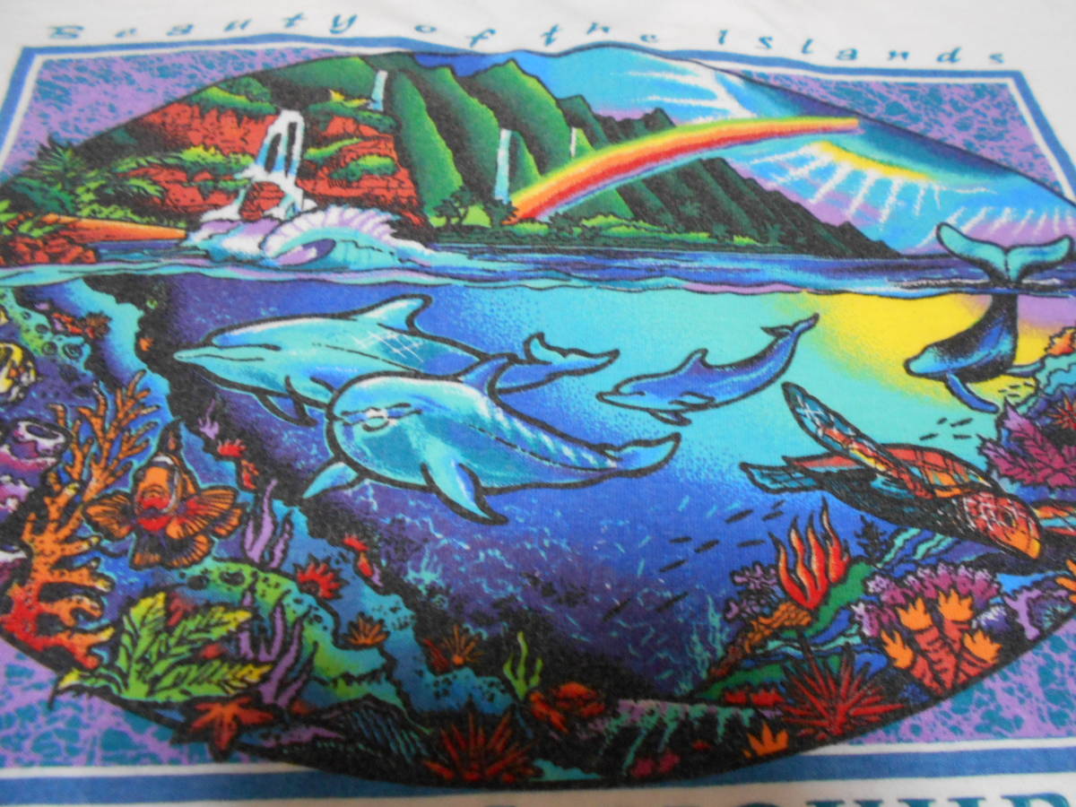 １９８０S CRAZY SHIRTS HAWAIIトロピカル虹イルカ ドルフィン海洋生物サンゴ礁アオウミガメ海亀クジラ鯨シロナガスくじら熱帯魚レインボー_画像4