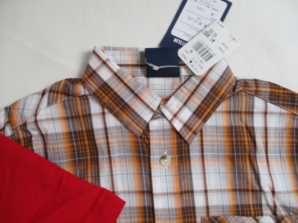 SF194【IVY SPIRIT CLUB】新品　チェック模様　半袖シャツ＆Ｔシャツ　男児　橙?赤　130