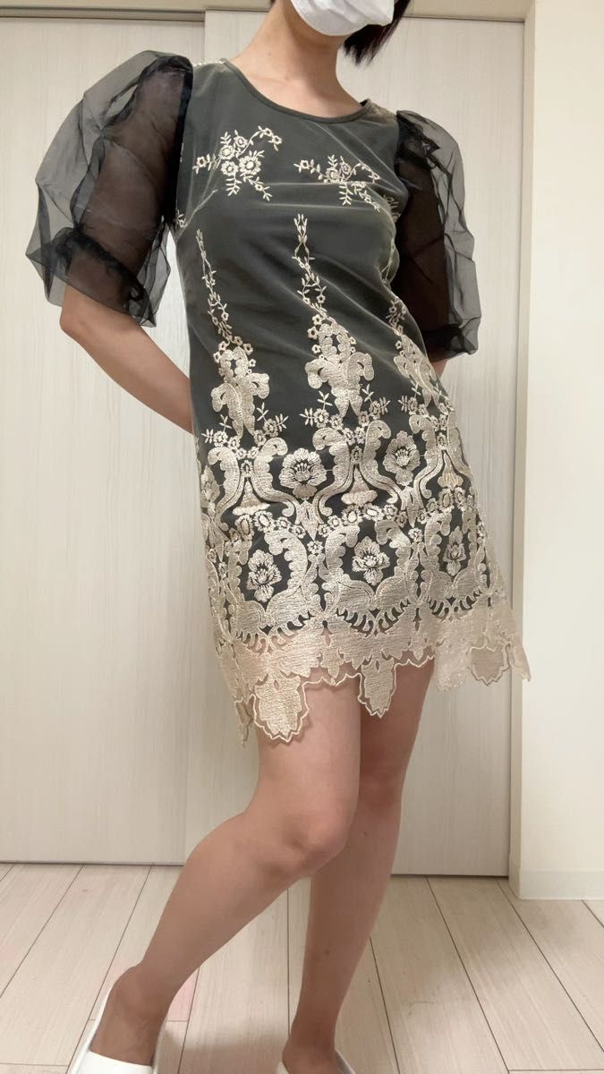 レース 立体刺繍 ワンピース ドレス パフスリーブ 透け感 シースル 上品 高級