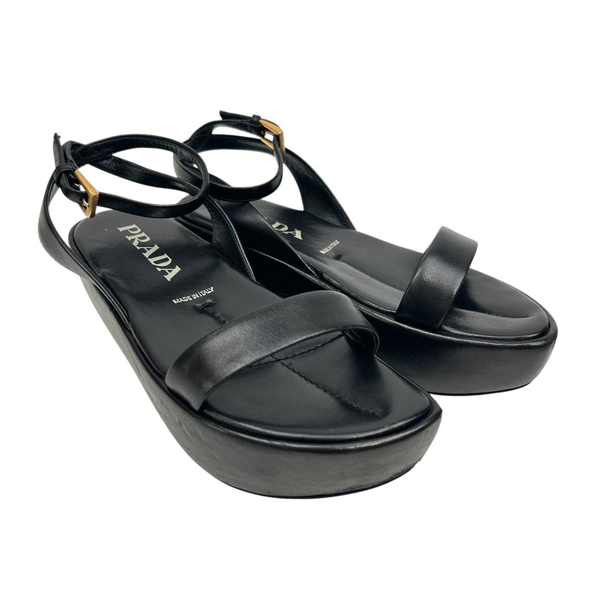 PRADA ブラック レザー サンダル プラダ PRADA サンダル レザー 厚底 約22 5cm ブラック|Yahoo