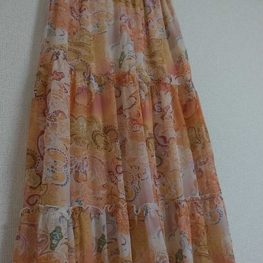 【古着】DOSCH ラメがきれいなオシャレ柄ロングフレアースカート(オレンジ系)Ｍサイズ_画像4
