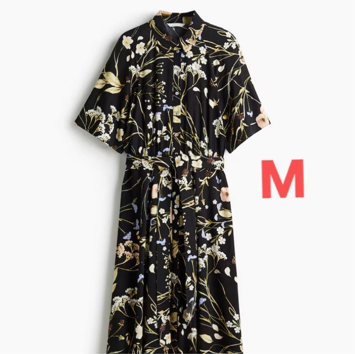◆Donna Karan 花柄ベルテッドシャツドレス 新品未使用 H&M ベルテッド シャツドレス Mサイズ 2025ブラック