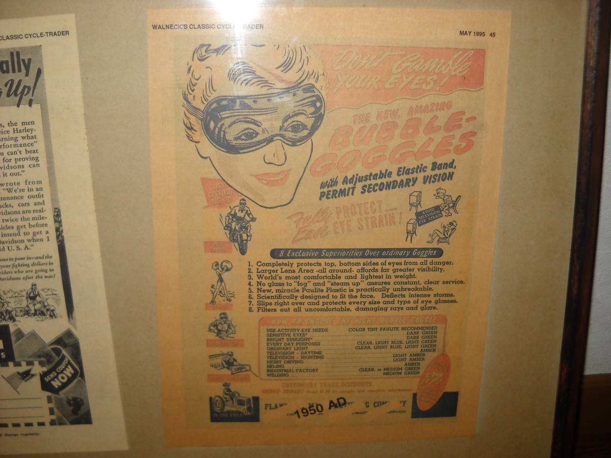  old America magazine advertisement scraps monochrome 1940 period 1990 period Harley Davidson Bubble goggle 57x45cm large wooden amount attaching 