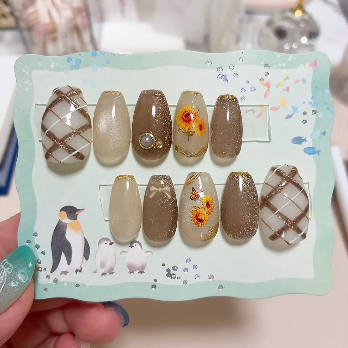 【ネイルチップ】ブラウンマグネットチェック ひまわり【ハンドメイド】