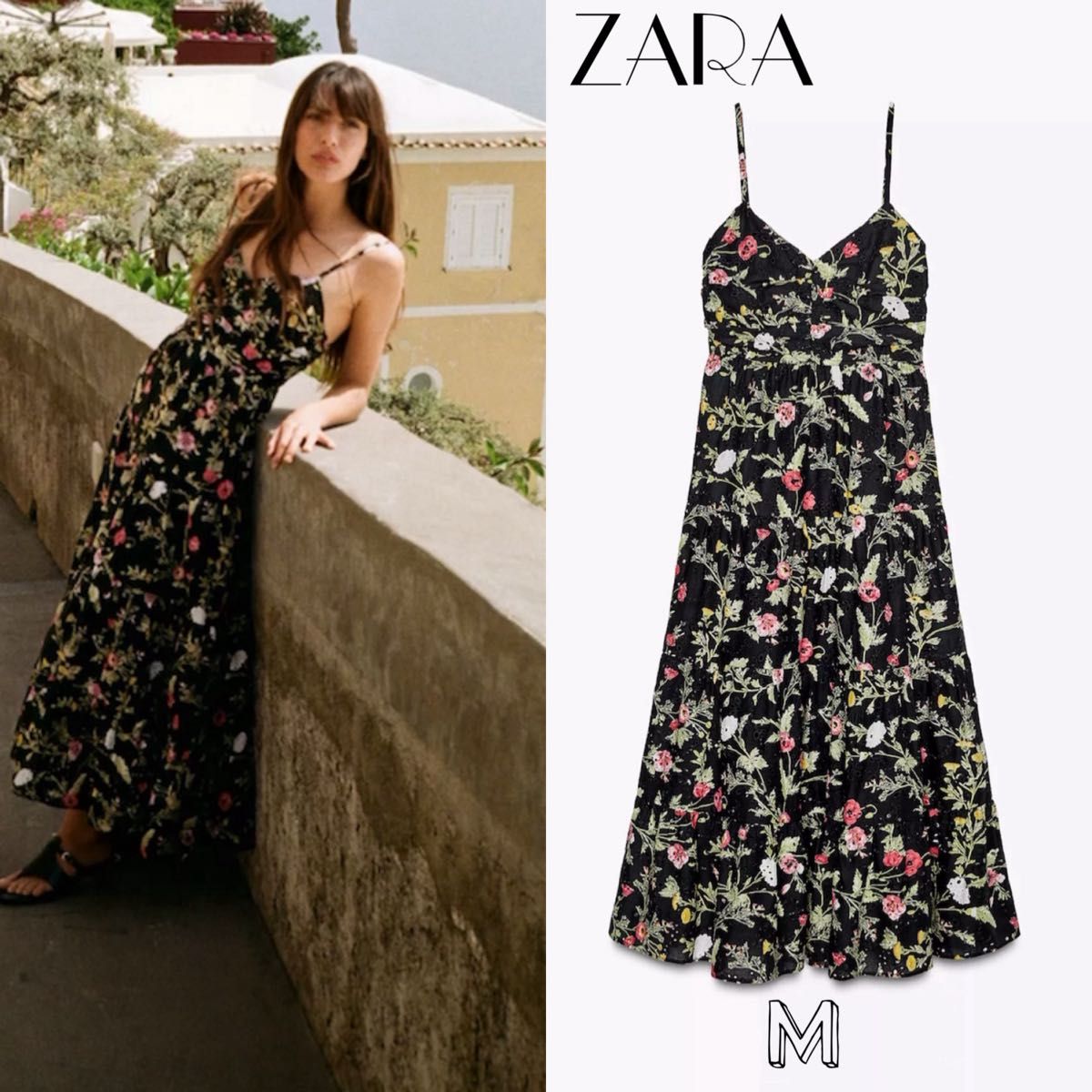 【ZARA】カットワーク刺繍入りプリント柄ワンピース2157/053/046 ZARA カットワーク刺繍入りプリント柄ミディ丈ワンピース|Yahoo