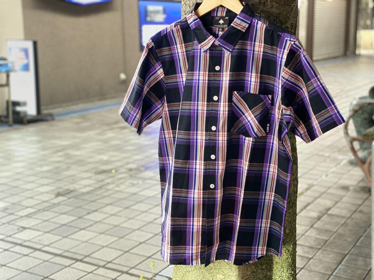 S 【新品】 LRG エルアールジー USA正規品 チェック柄 パープル 紫 Purple 半袖 ボタンシャツ 綿100% ストリート オーバーサイズ_画像1