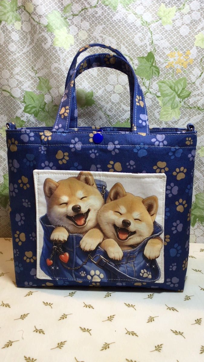 707-A 柴犬パネル 片面使いお散歩バック 2wayトートバッグ 小さめ ショルダーバック可 ハンドメイド