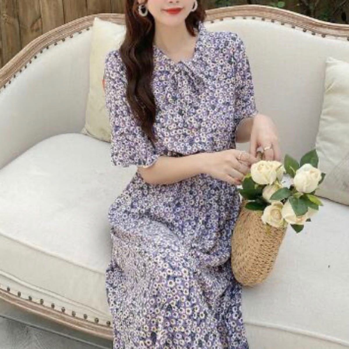 [新品] 花柄ワンピース 膝丈ワンピース 韓国ファッション 夏 紫