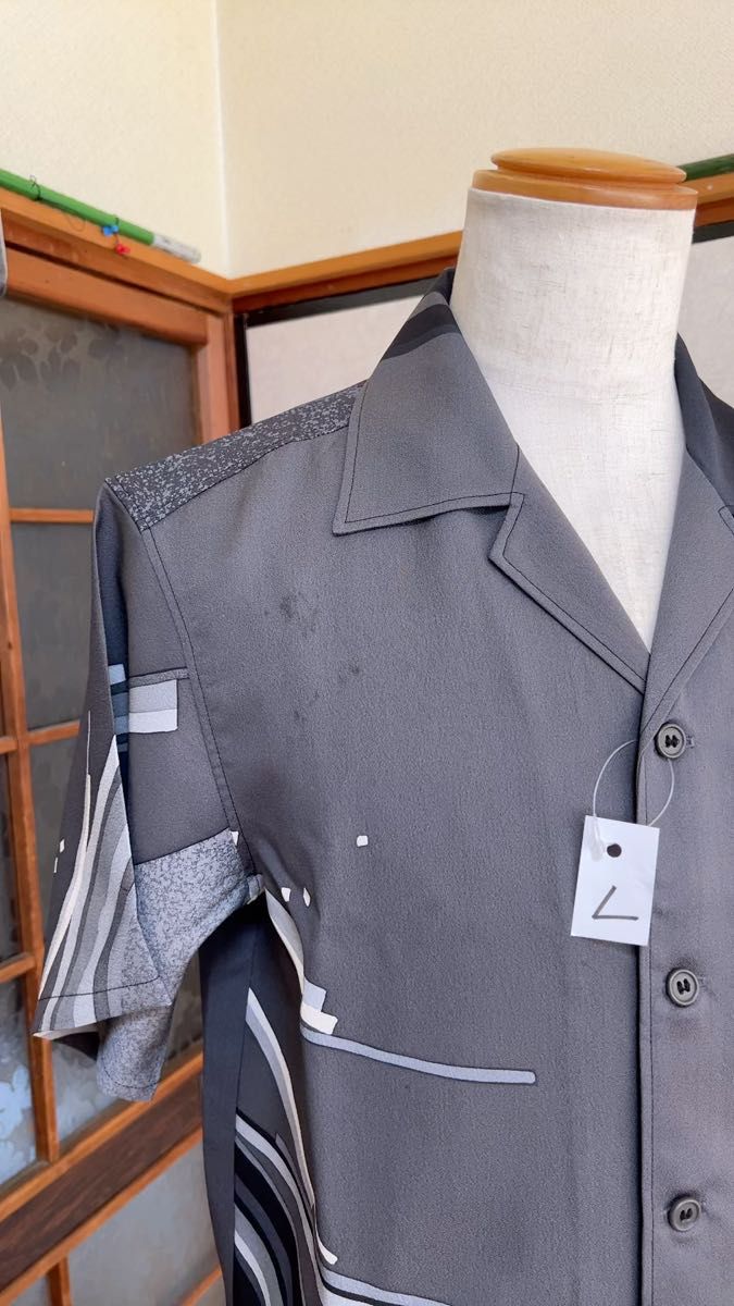 オープンカラーシャツ メンズ Lサイズ グレー 柄シャツアロハシャツ着物リメイク!