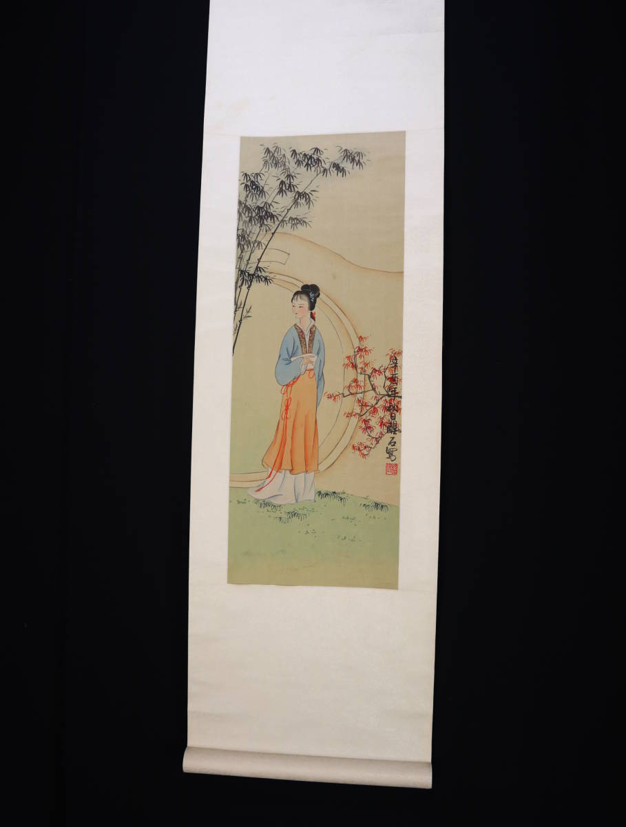[ genuine work ] hanging scroll *. stone * autumn day. China beautiful person map * silk book@* China 