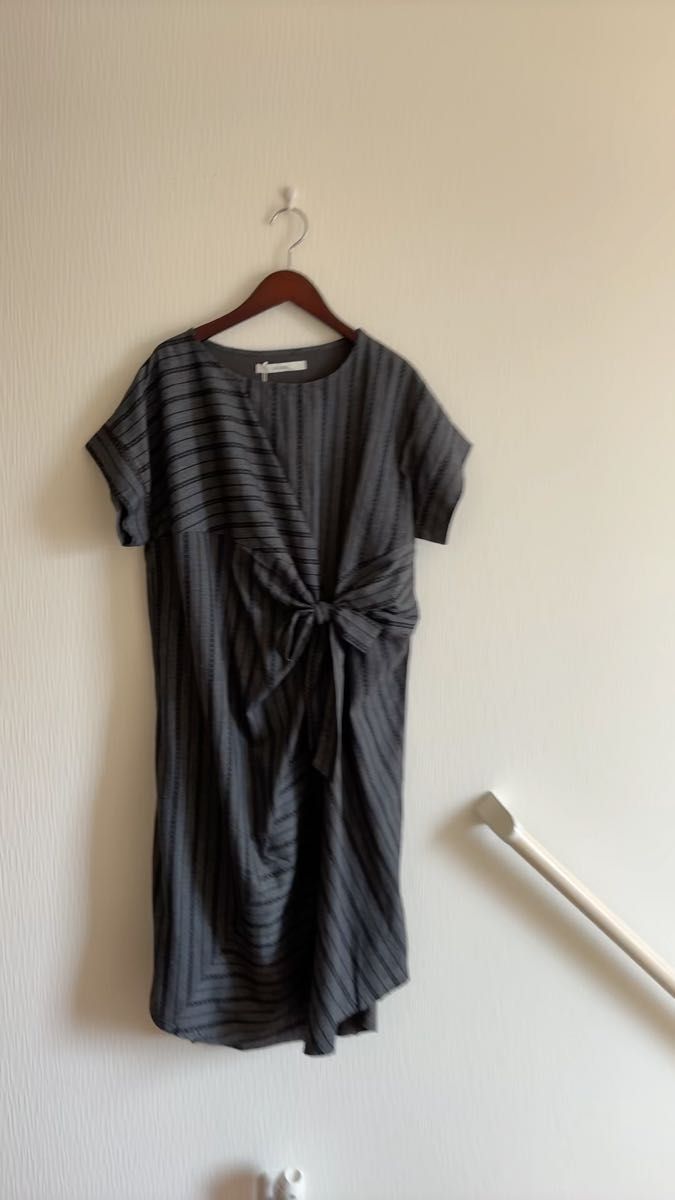 (新品)異素材ワンピース*リボンデザイン綿麻フリー
