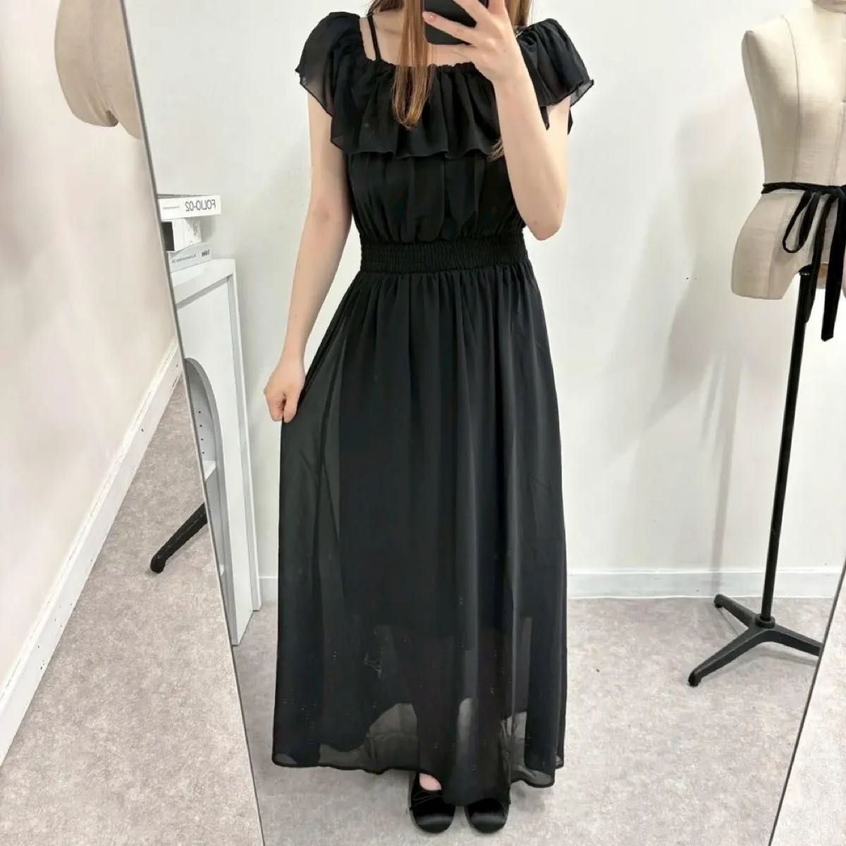 エムエムシックス ノースリーブマキシワンピース ブラック 新品 ウエストシャーリングマキシワンピース ブラック M