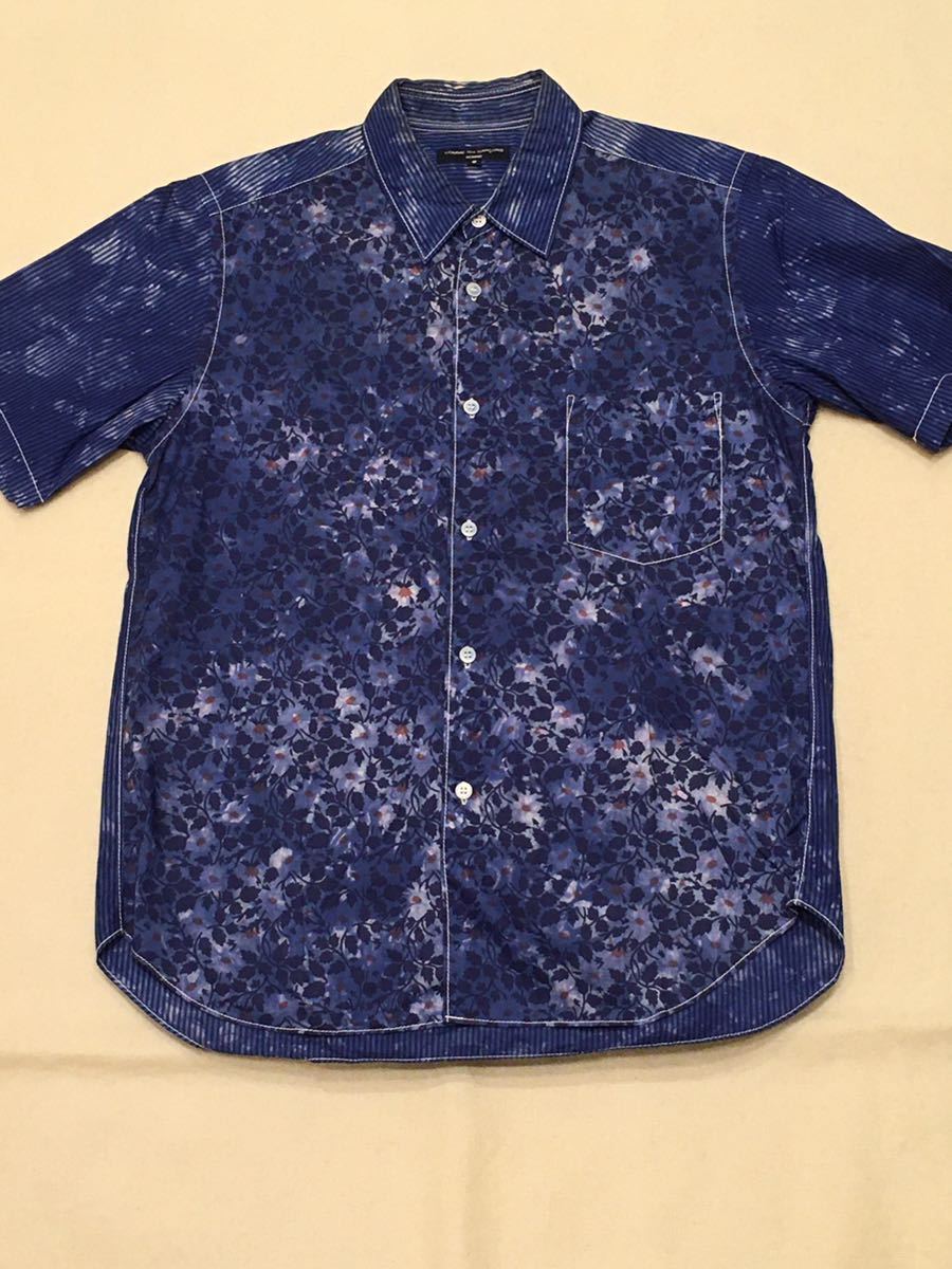 COMME des GARCONS HOMME short sleeves shirt S size blue orange . floral print stripe Comme des Garcons made in Japan MADE IN JAPAN