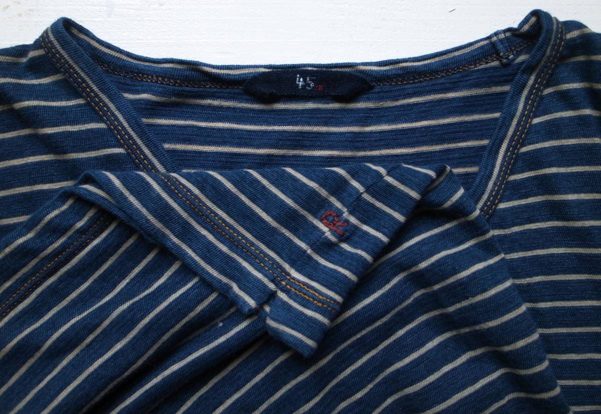 45R(45rpm) 藍染めボーダー柄Tシャツ ３ 切り替えカットソー 日本製_画像3