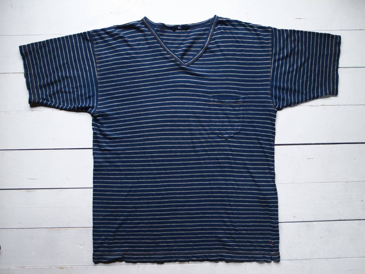 45R(45rpm) 藍染めボーダー柄Tシャツ ３ 切り替えカットソー 日本製_画像1