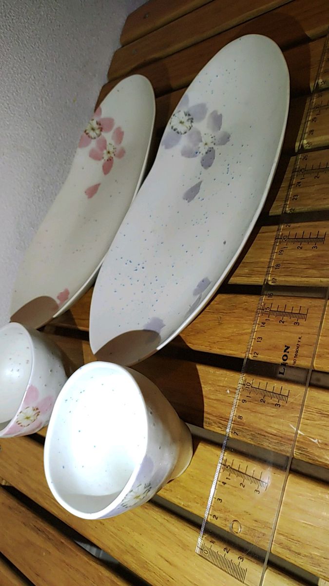湯呑み? 2客+長皿2枚セット 楕円皿 舟皿 桜 さくら