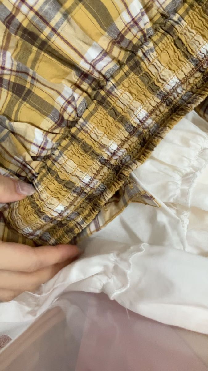 フリル トップス M OLIVE des OLIVE ビスチェ イエロー チェック リボン