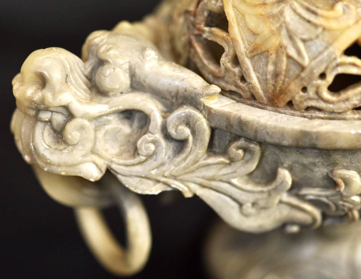 中国古玩　中国古美術　翡翠　天然石　香炉 龍双耳　味わい　（※欠けあり）エステートセール！（IKT）_画像2