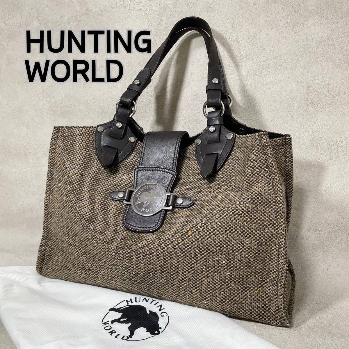 定価10万 未使用タグ付 Hunting World トートバッグ A4収納可能 HUNTING WORLD ハンティングワールド ツイード レザー トート