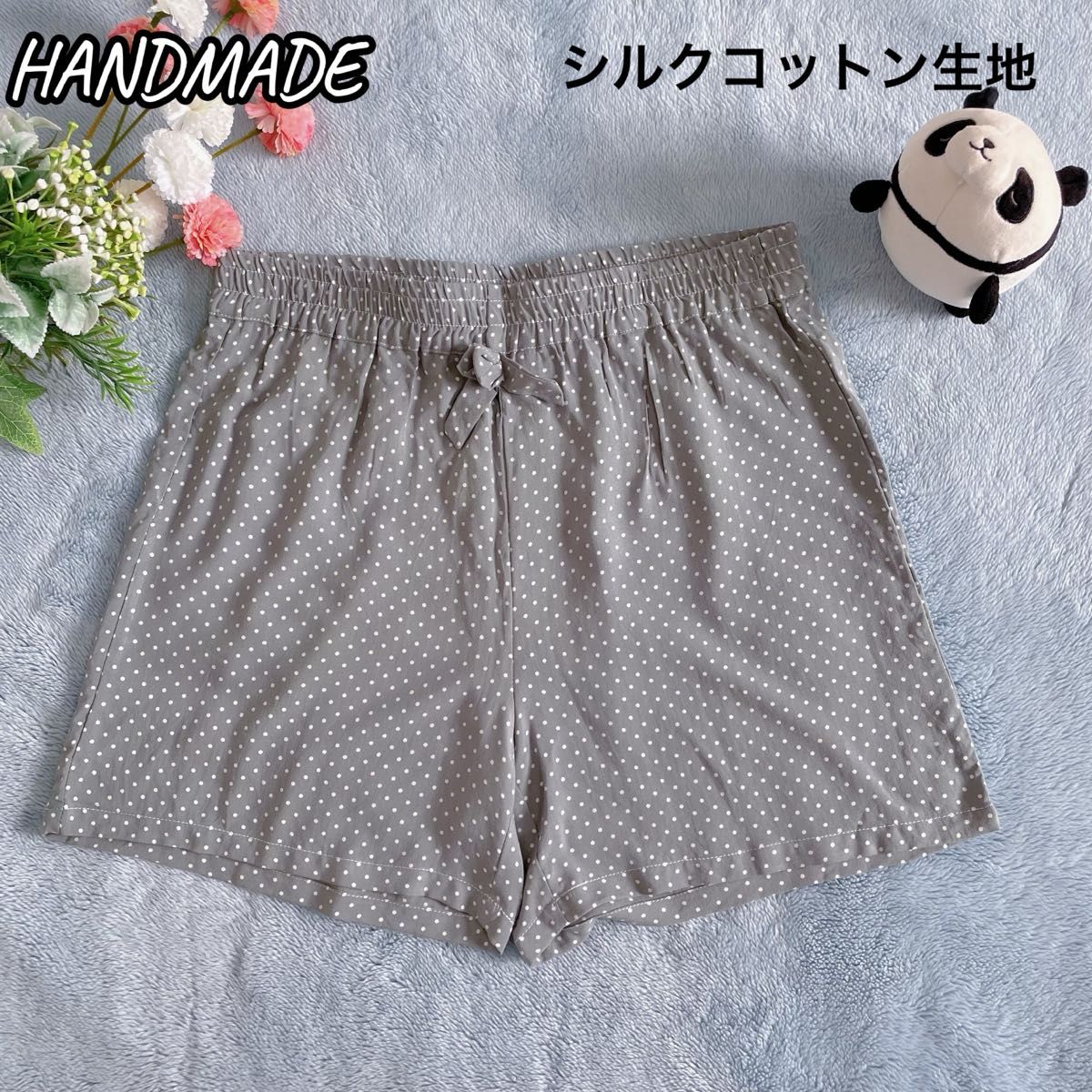 シルクコットンショートパンツ ハンドメイド コットンシルク混合素材 オリーブ色 ショート