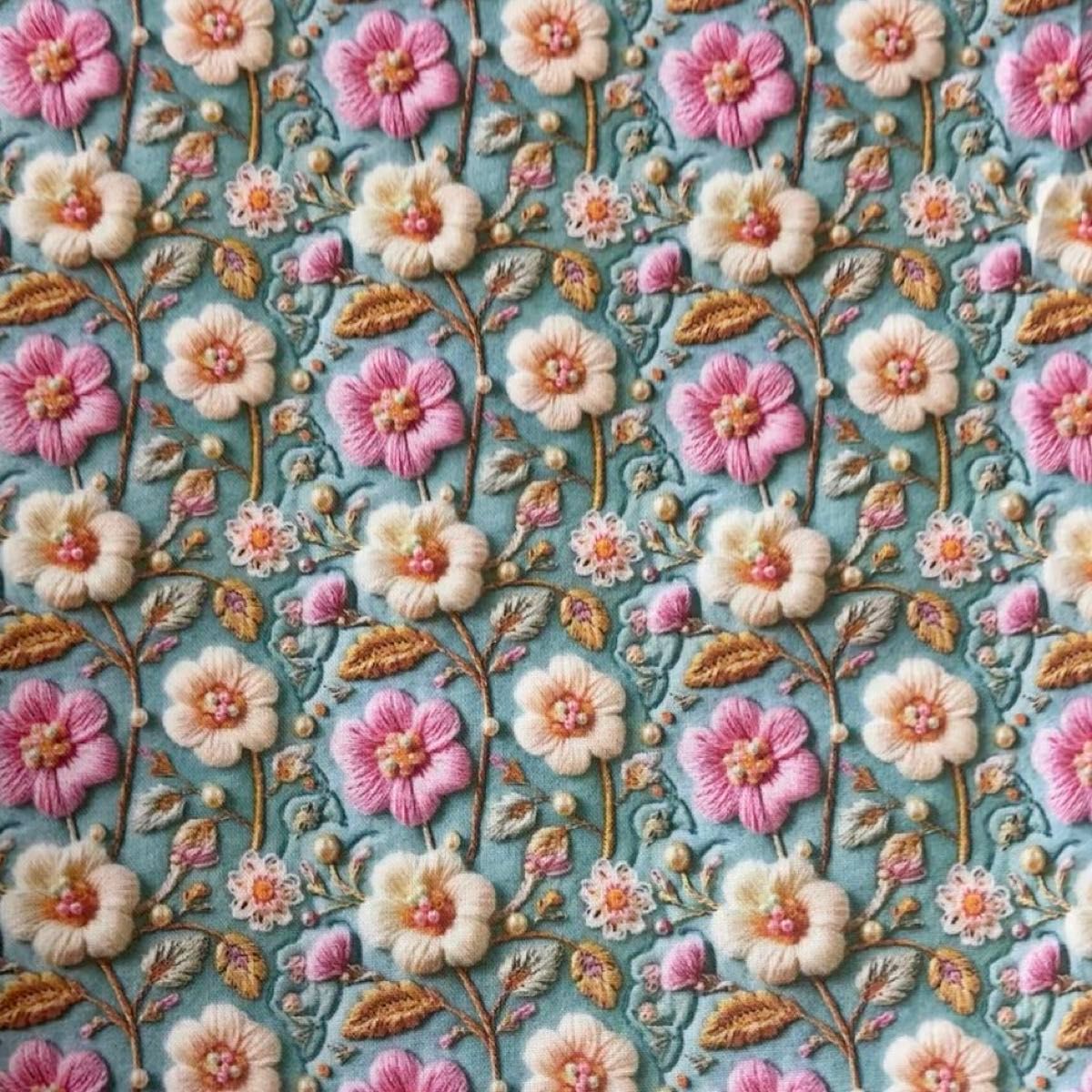 長さ100cm*110cm(幅) 3D立体刺繍風ミント色パールピンク花柄コットンプリント生地ハンドメイド用 シーチングハギレ生地