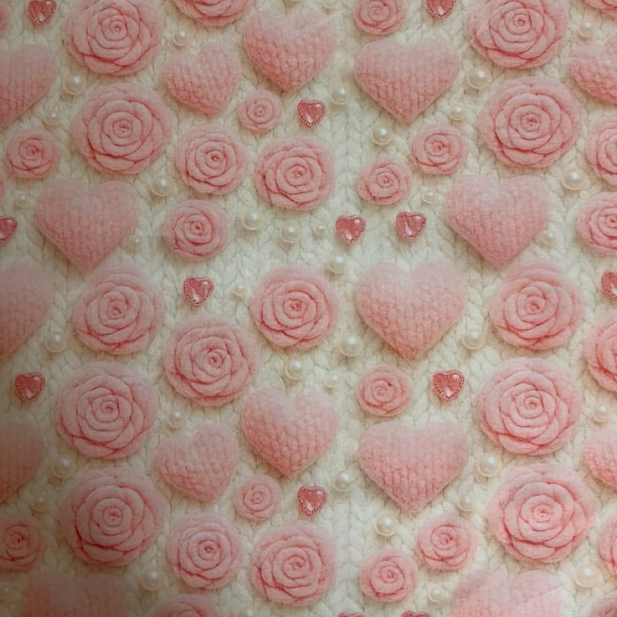 長さ100cm*110cm(幅)秋新柄 毛糸風 ハート薔薇パールラインストーン 100%コットンプリント生地シーチングハギレ生地