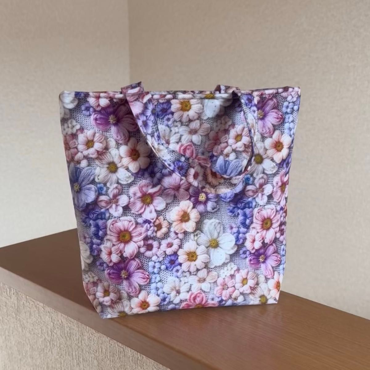 新作 3D立体視感刺繍風ピンク花柄ミニトートバッグレディースハンドメイド バッグインバッグビッグポーチ散歩バッグ誕生日プレゼント